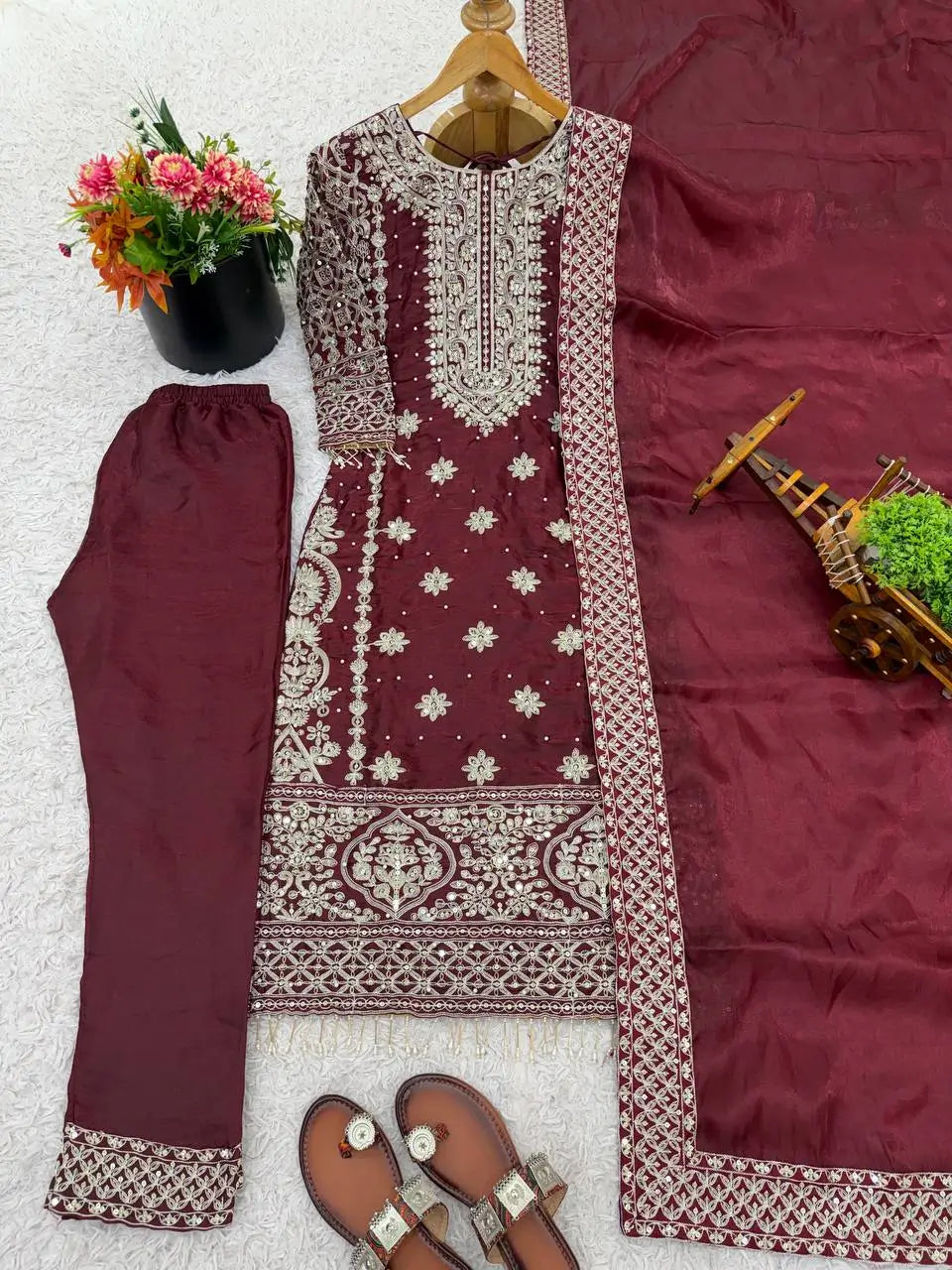 Embroidered GMY Silk Kurta Pant Set with Dupatta