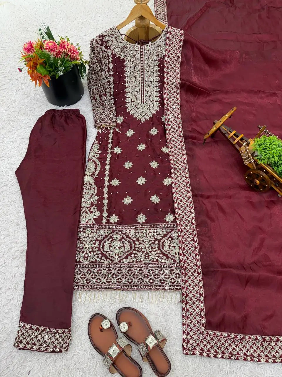 Embroidered GMY Silk Kurta Pant Set with Dupatta