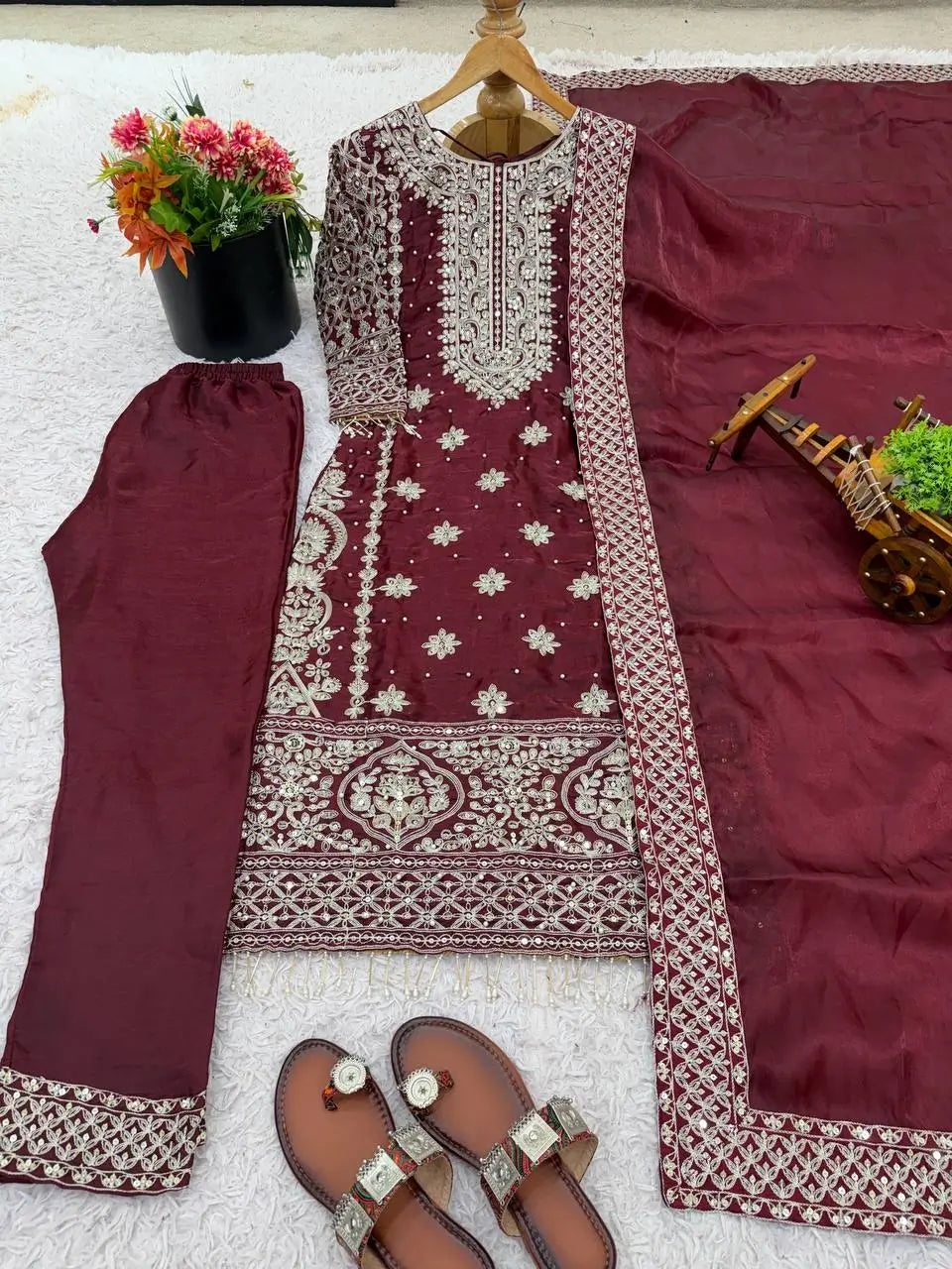 Embroidered GMY Silk Kurta Pant Set with Dupatta