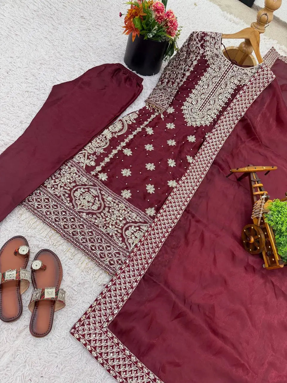 Embroidered GMY Silk Kurta Pant Set with Dupatta