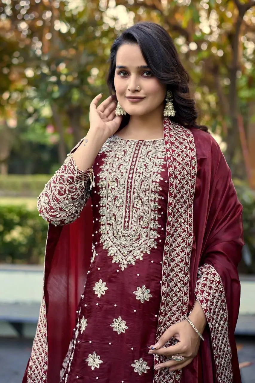 Embroidered GMY Silk Kurta Pant Set with Dupatta