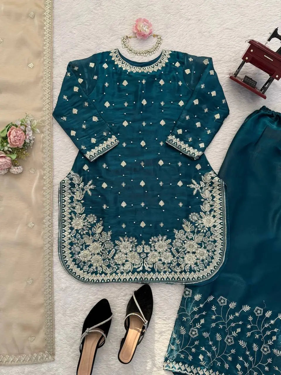 Embroidered GMY Silk Kurti Palazzo Set with Dupatta