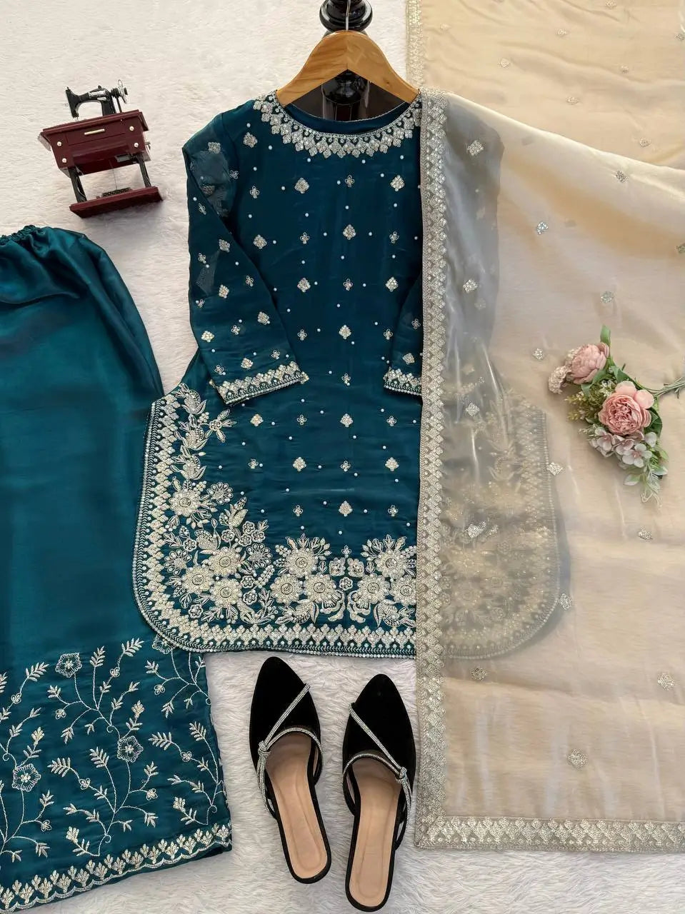 Embroidered GMY Silk Kurti Palazzo Set with Dupatta