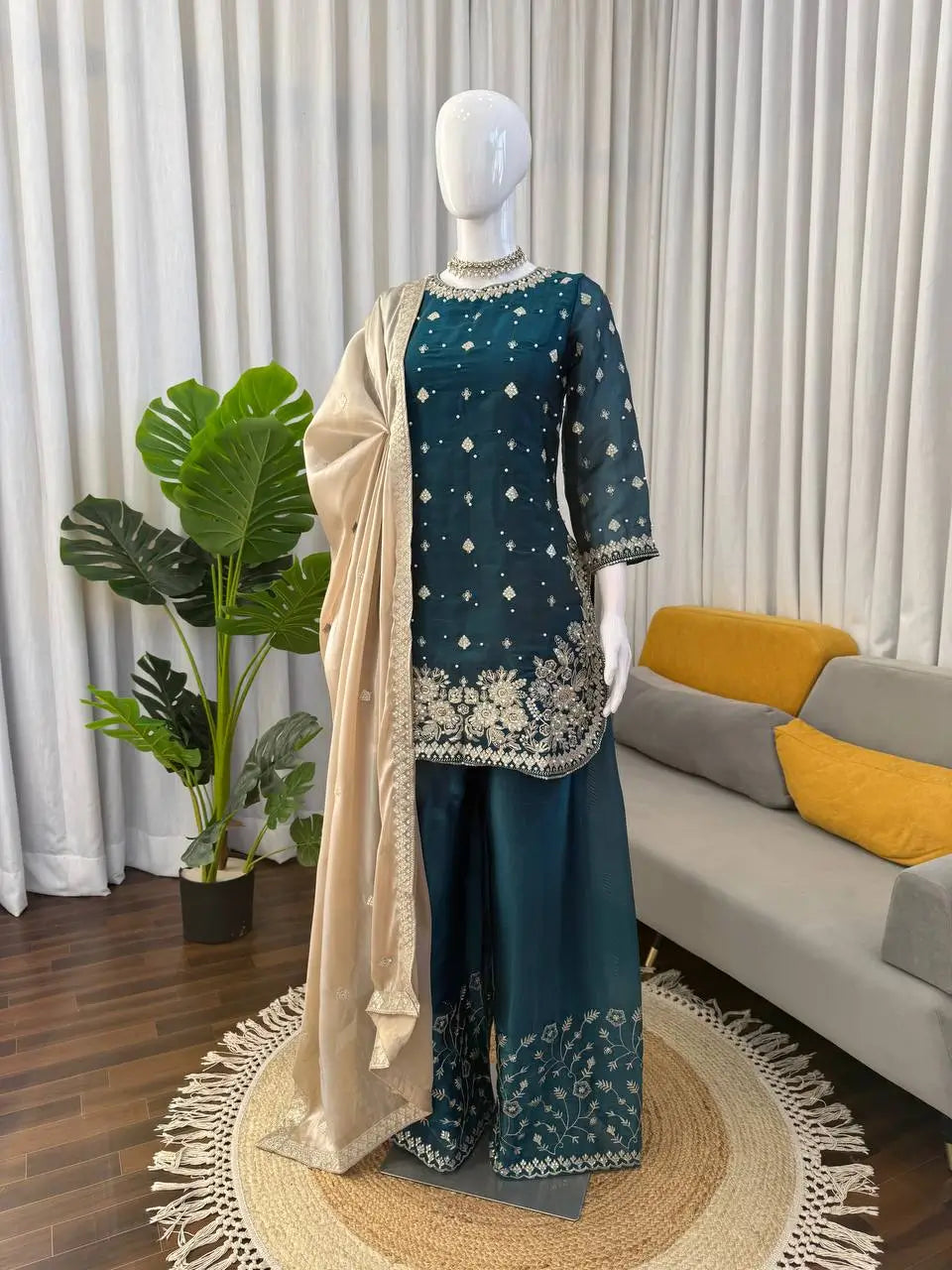 Embroidered GMY Silk Kurti Palazzo Set with Dupatta