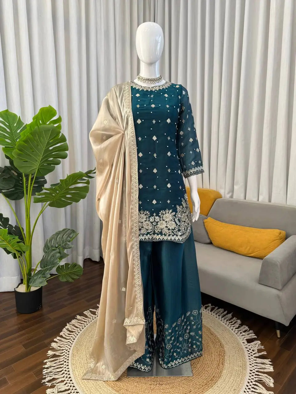 Embroidered GMY Silk Kurti Palazzo Set with Dupatta