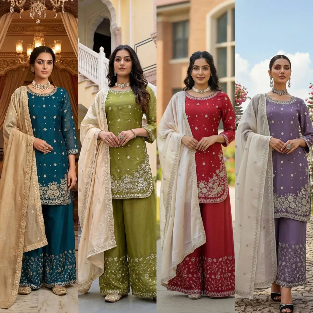 Embroidered GMY Silk Kurti Palazzo Set with Dupatta