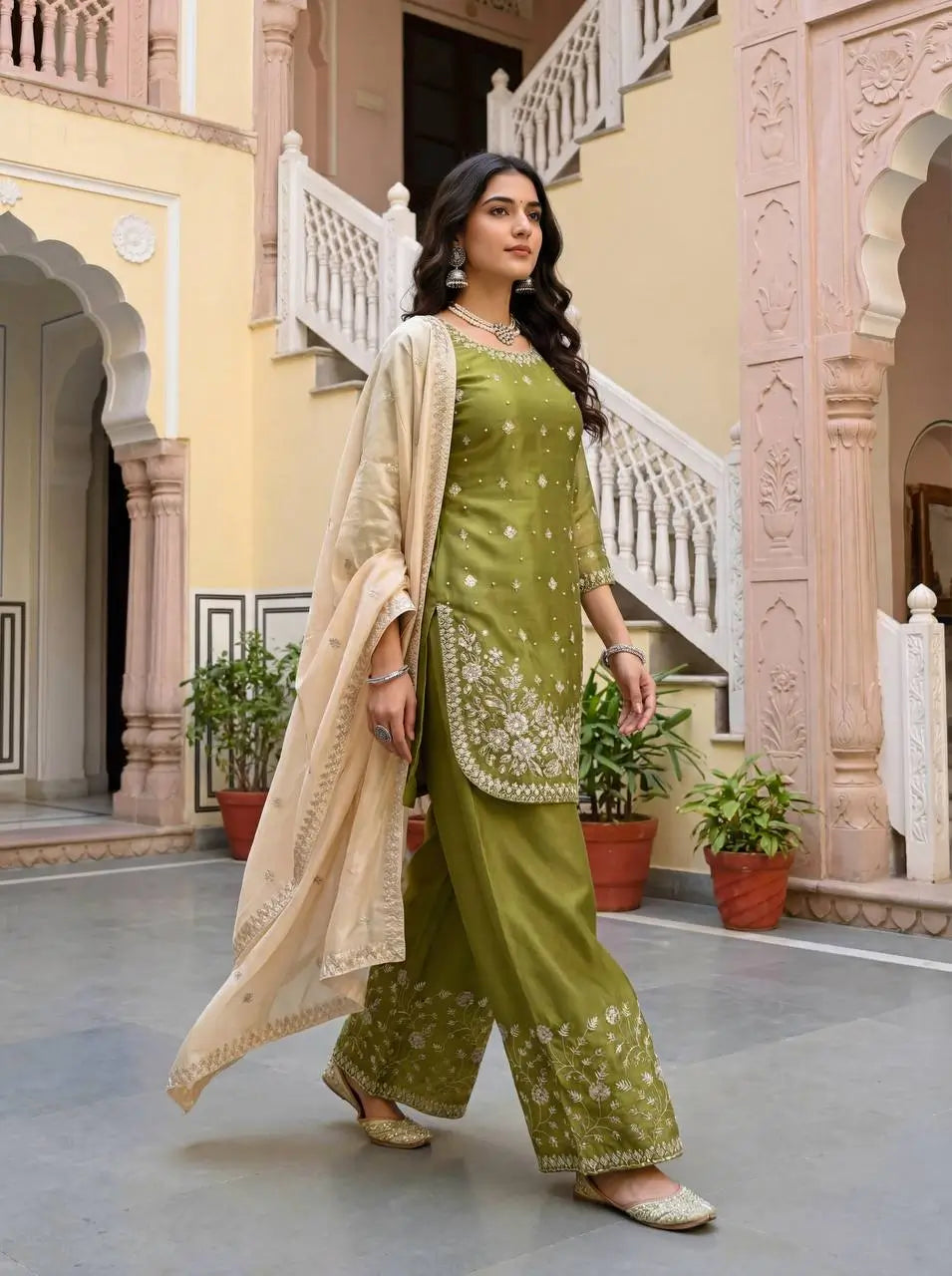 Embroidered GMY Silk Kurti Palazzo Set with Dupatta