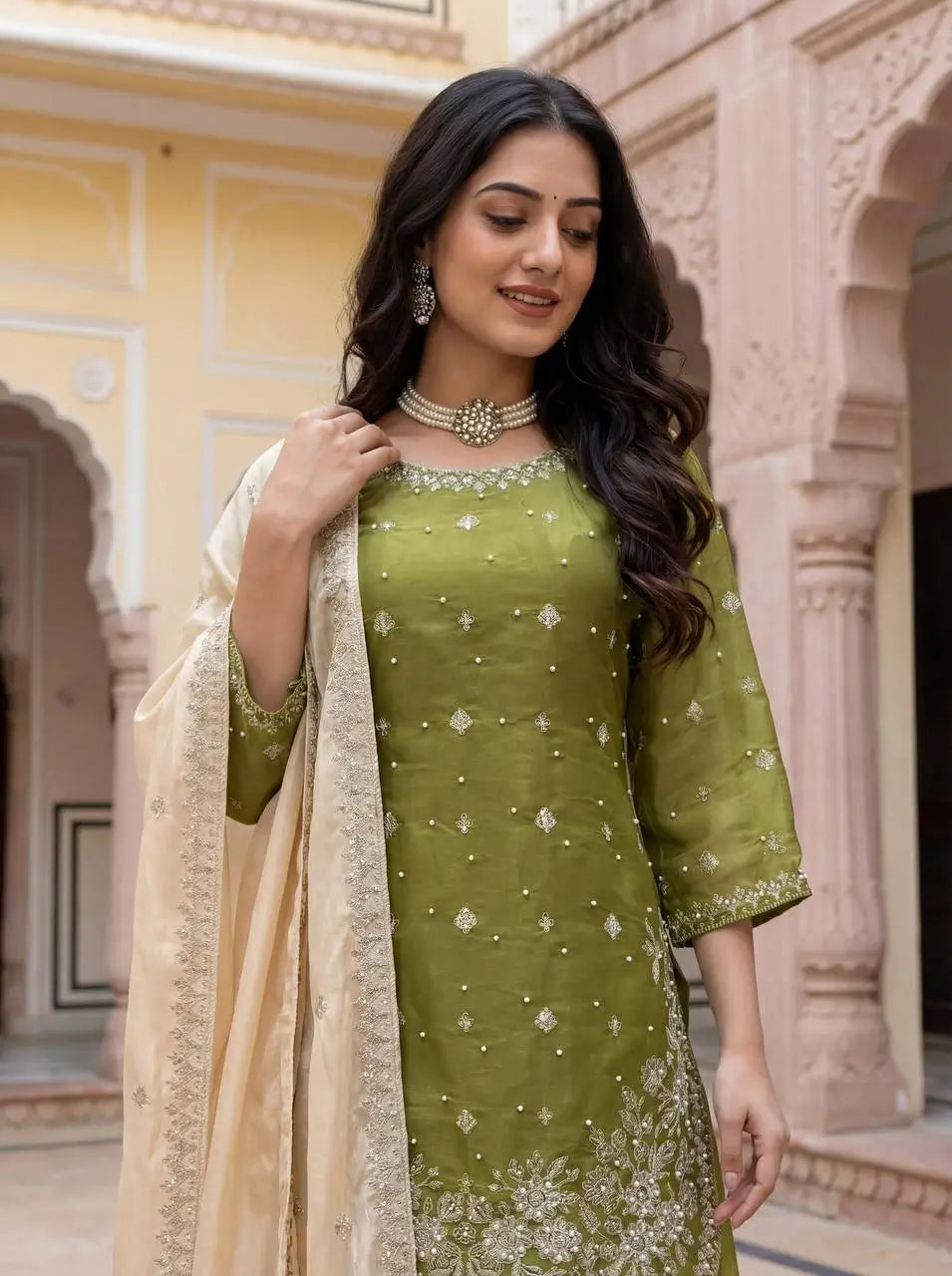 Embroidered GMY Silk Kurti Palazzo Set with Dupatta