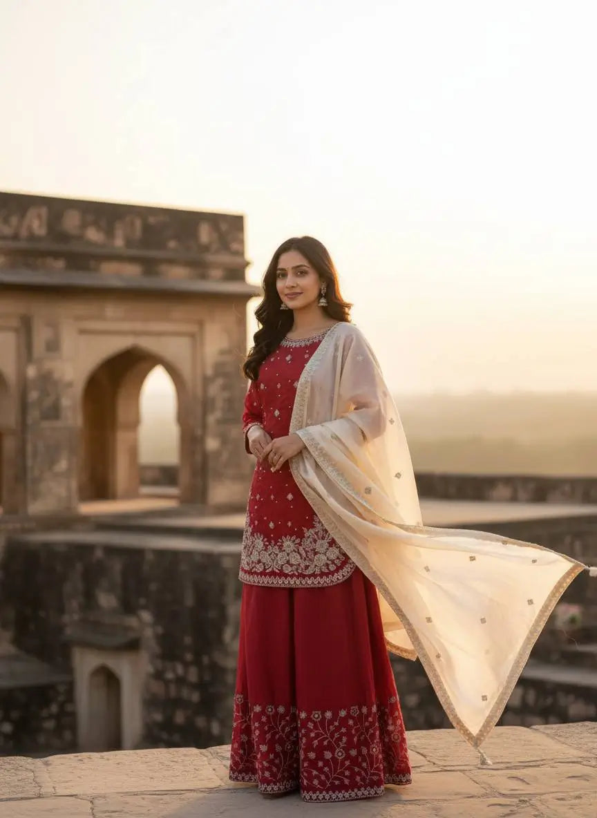 Embroidered GMY Silk Kurti Palazzo Set with Dupatta