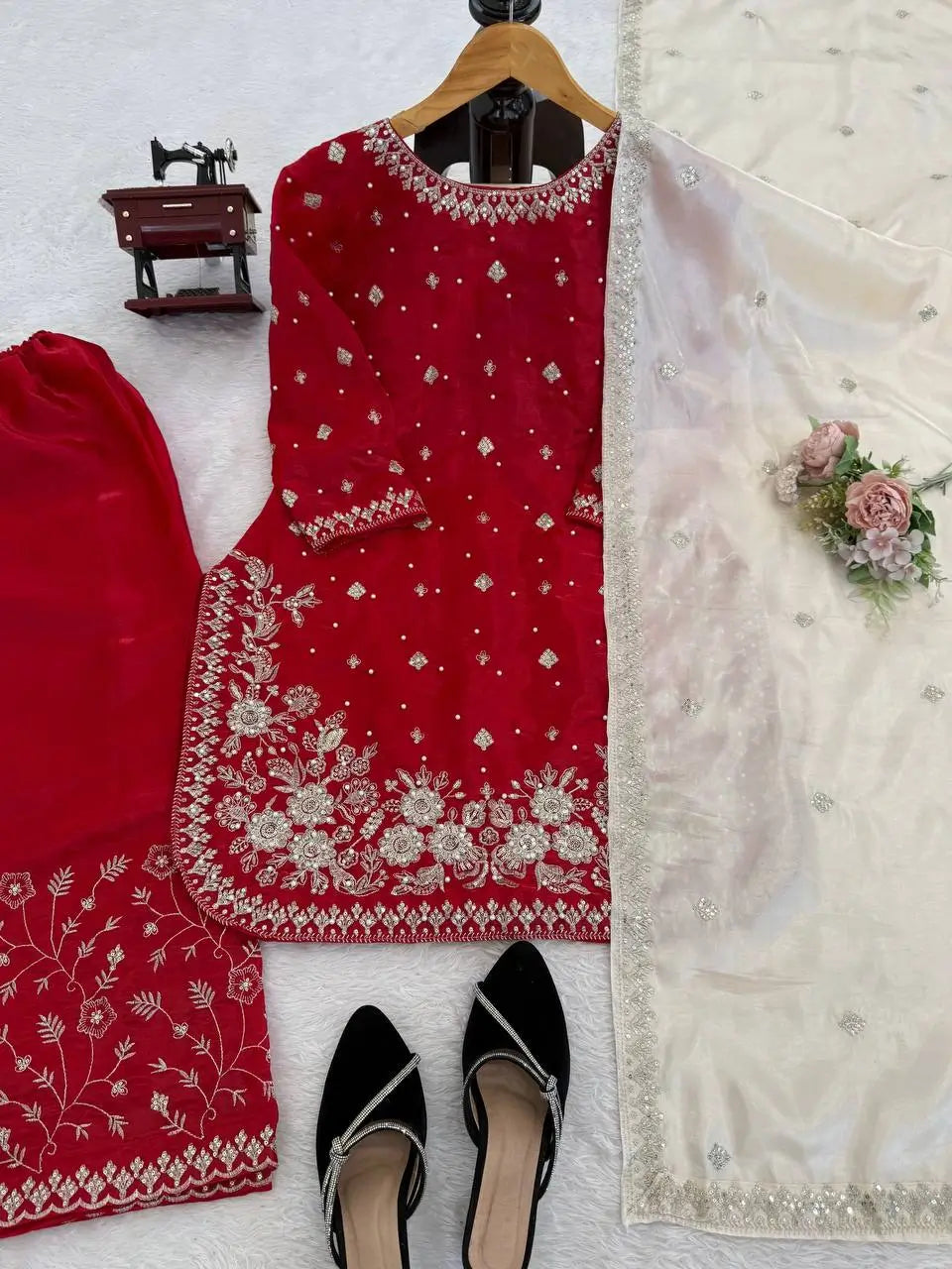 Embroidered GMY Silk Kurti Palazzo Set with Dupatta