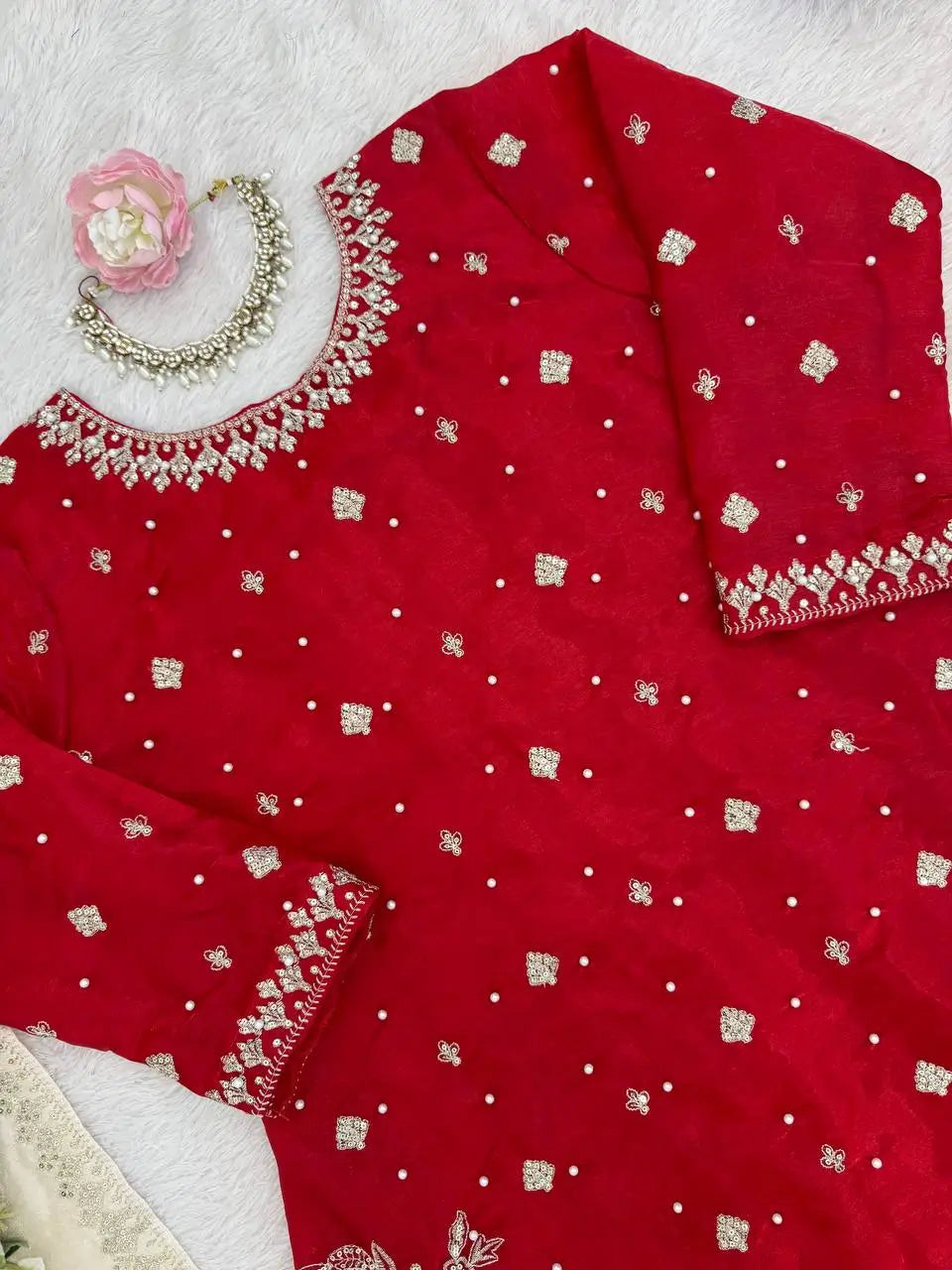 Embroidered GMY Silk Kurti Palazzo Set with Dupatta