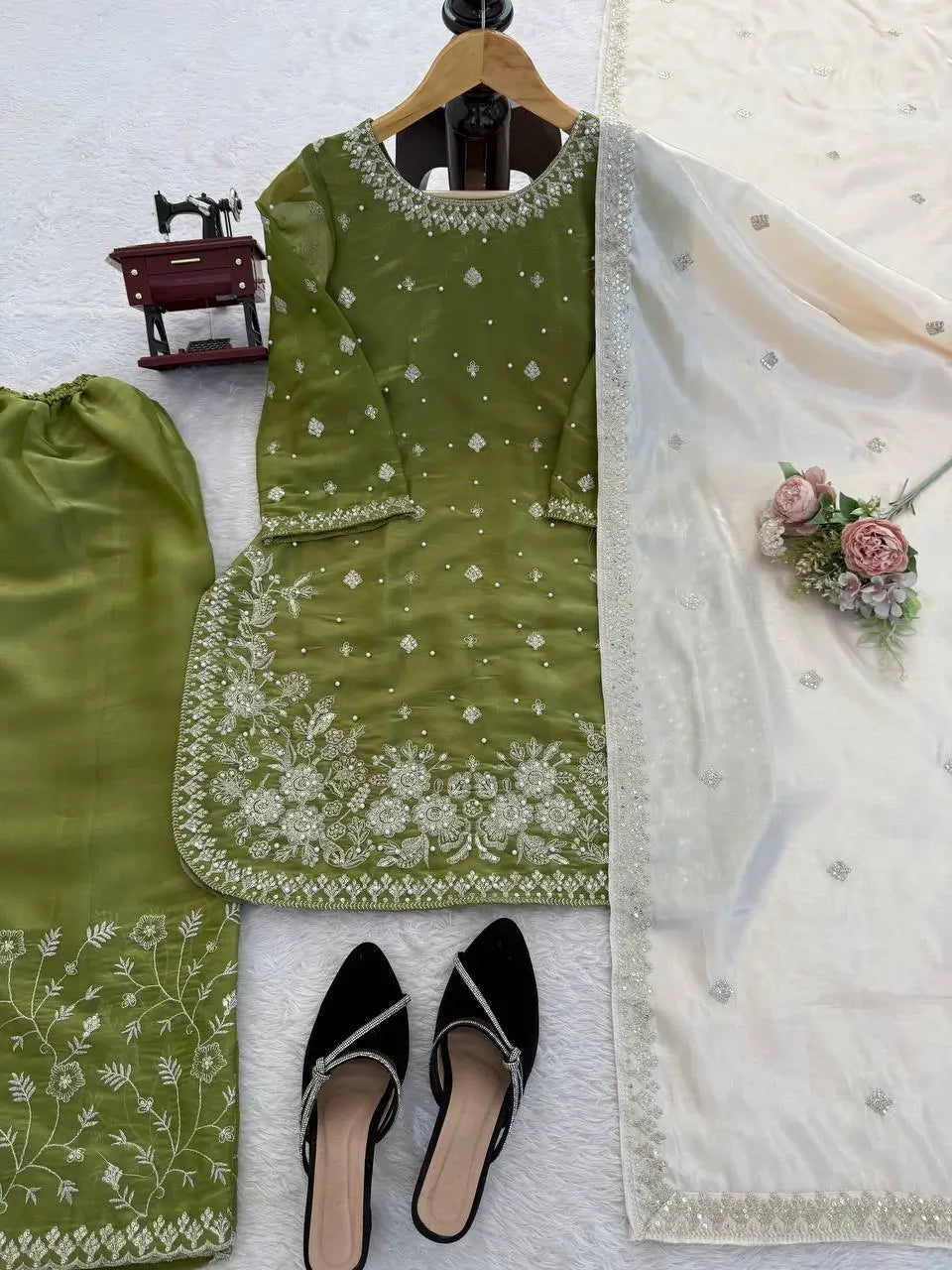 Embroidered GMY Silk Kurti Palazzo Set with Dupatta