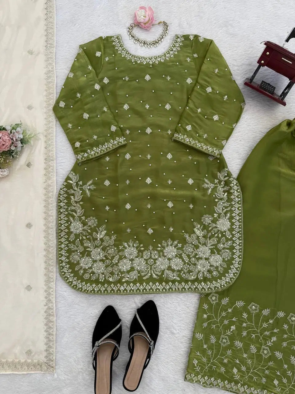 Embroidered GMY Silk Kurti Palazzo Set with Dupatta