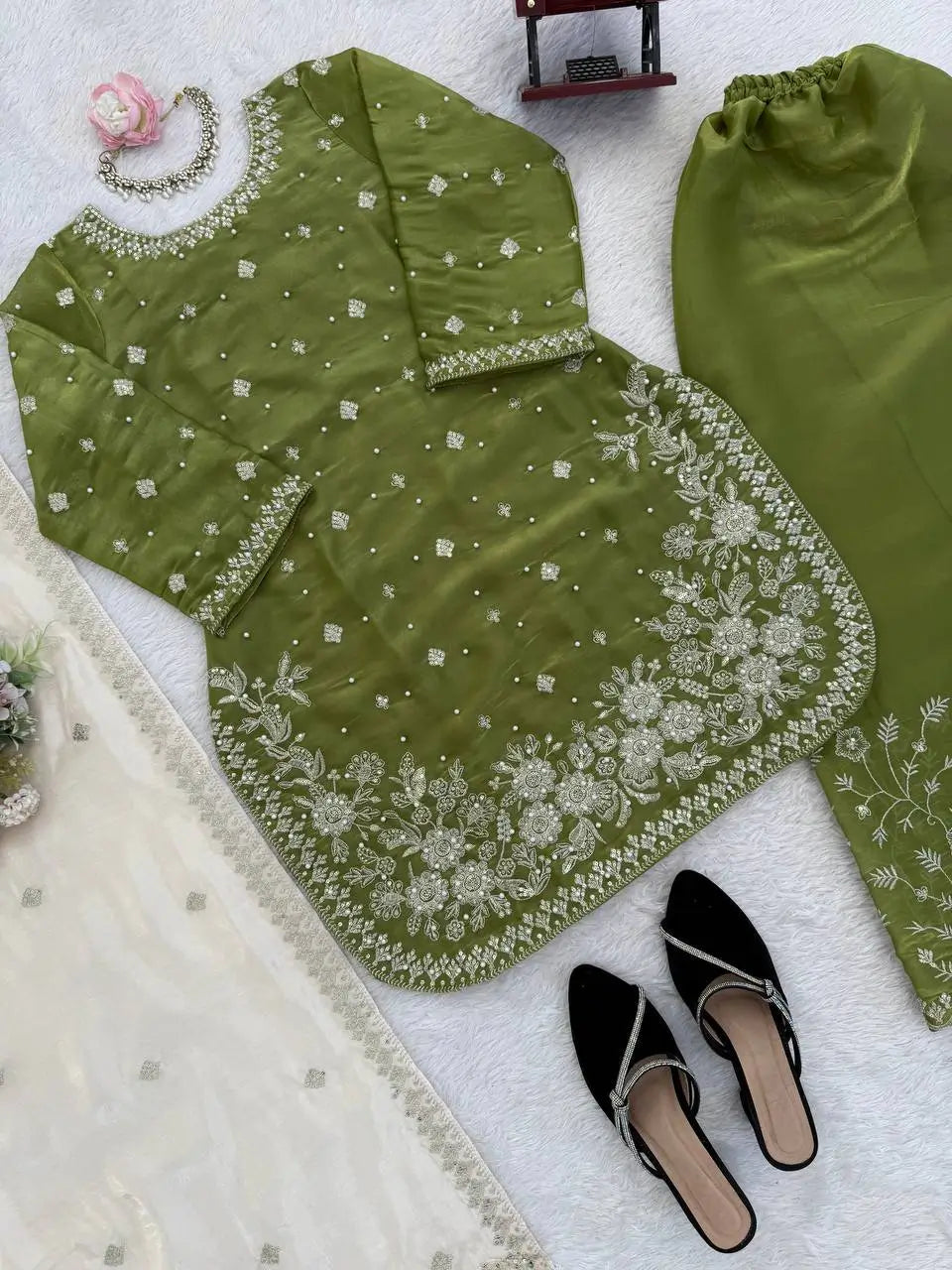 Embroidered GMY Silk Kurti Palazzo Set with Dupatta