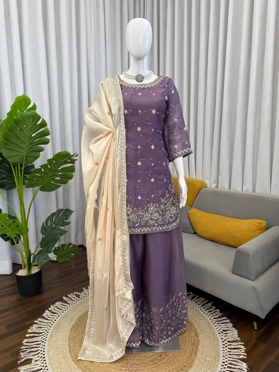 Embroidered GMY Silk Kurti Palazzo Set with Dupatta