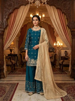 Embroidered GMY Silk Kurti Palazzo Set with Dupatta