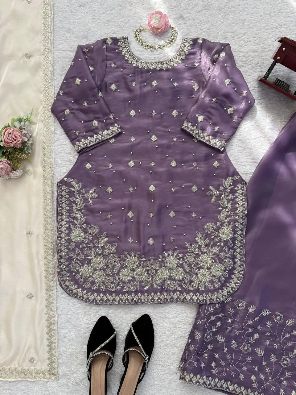 Embroidered GMY Silk Kurti Palazzo Set with Dupatta