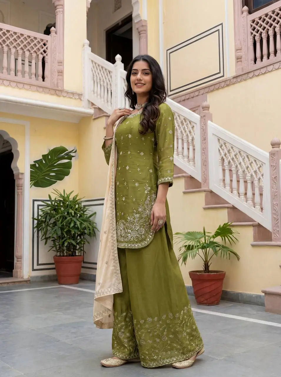 Embroidered GMY Silk Kurti Palazzo Set with Dupatta