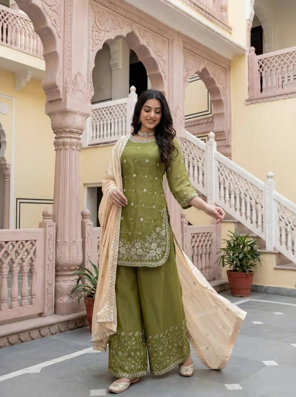 Embroidered GMY Silk Kurti Palazzo Set with Dupatta
