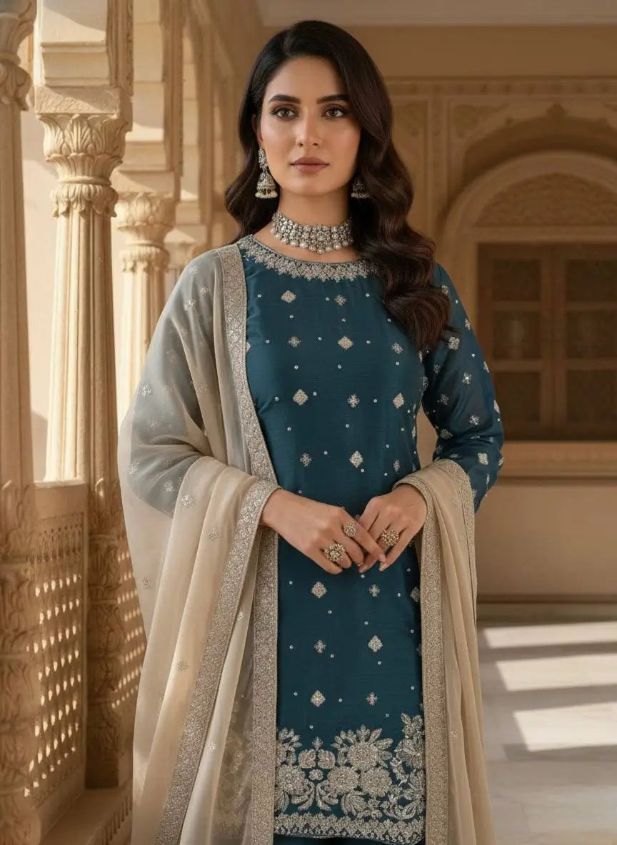 Embroidered GMY Silk Kurti Palazzo Set with Dupatta