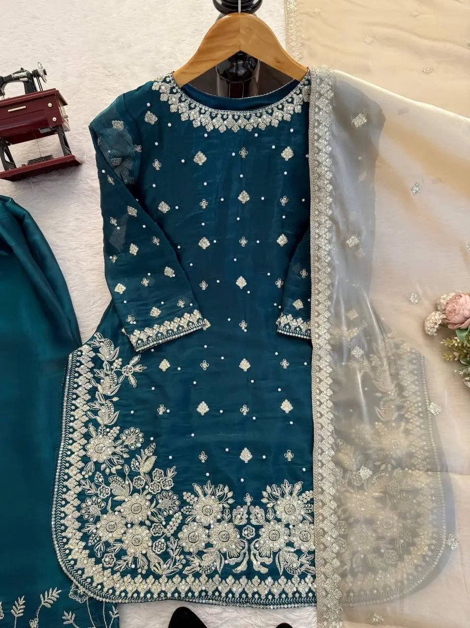 Embroidered GMY Silk Kurti Palazzo Set with Dupatta