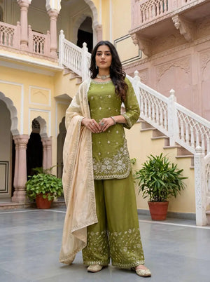 Embroidered GMY Silk Kurti Palazzo Set with Dupatta