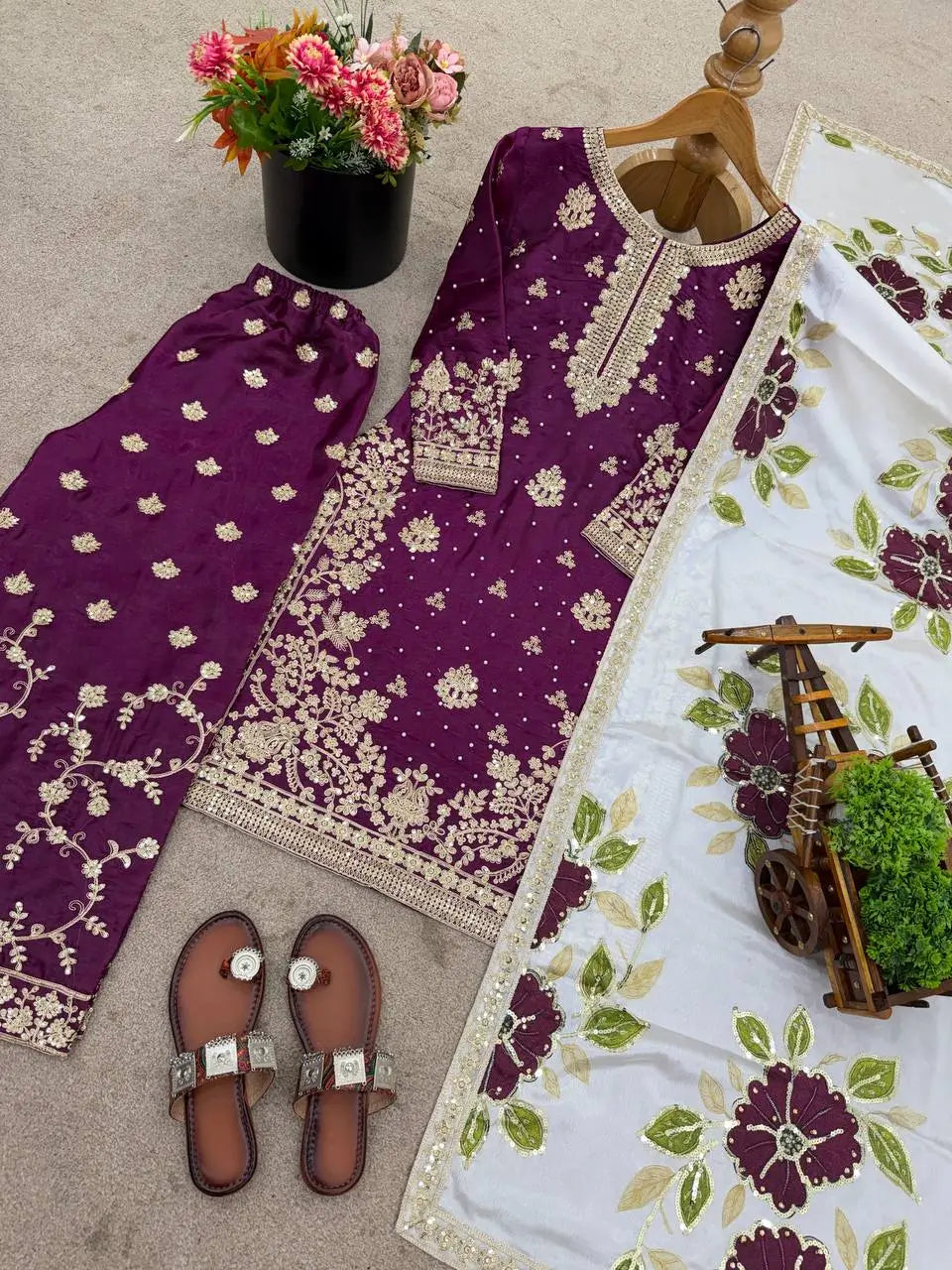 Embroidered GMY Silk Kurti Plazzo Set