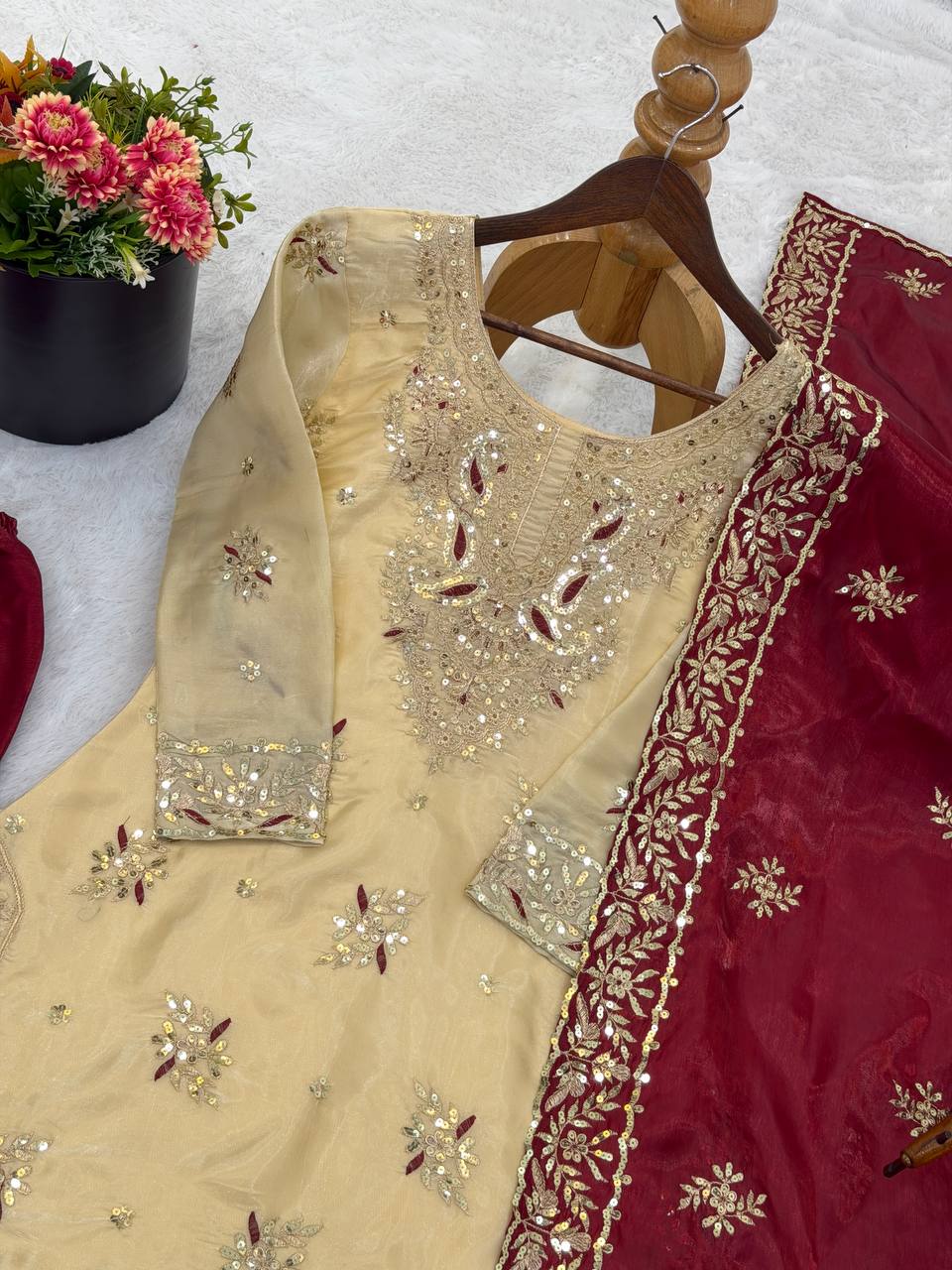 Embroidered GMY Silk Palazzo Suit Set Top-Bottom And Dupatta Set Fully Stitched Ready To Wear