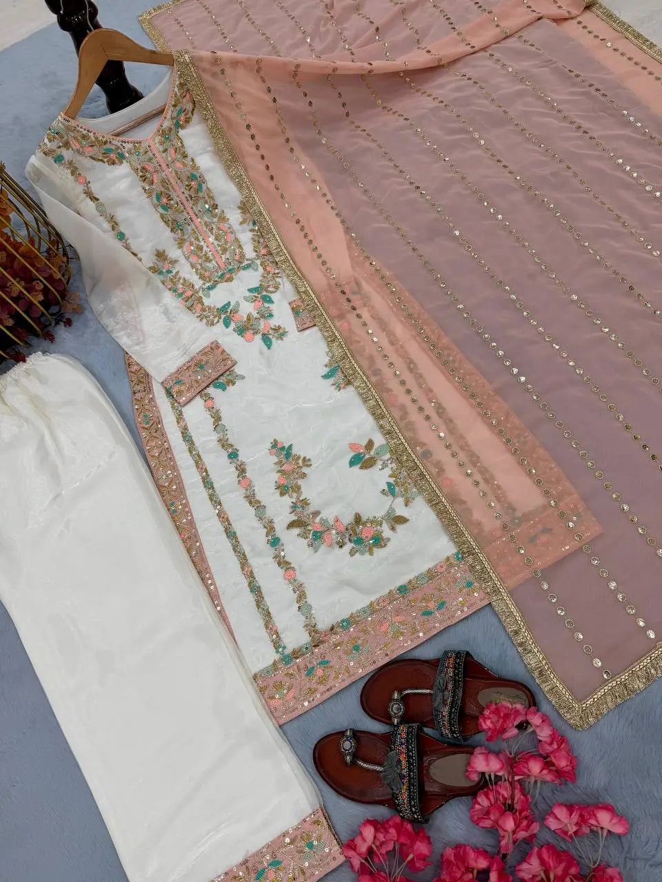 Embroidered GMY Silk Palazzo Suit Set Top-Bottom And Dupatta Set Fully Stitched Ready To Wear