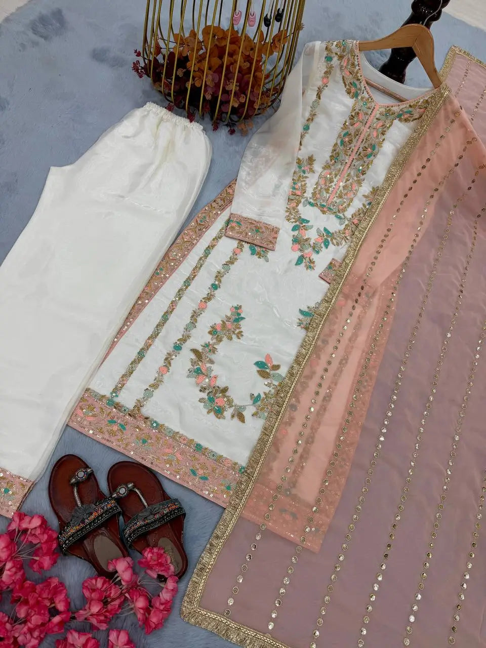 Embroidered GMY Silk Palazzo Suit Set Top-Bottom And Dupatta Set Fully Stitched Ready To Wear