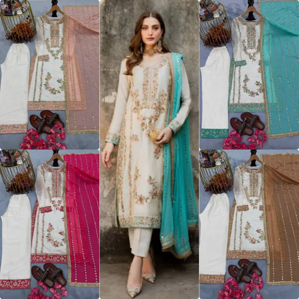 Embroidered GMY Silk Palazzo Suit Set Top-Bottom And Dupatta Set Fully Stitched Ready To Wear