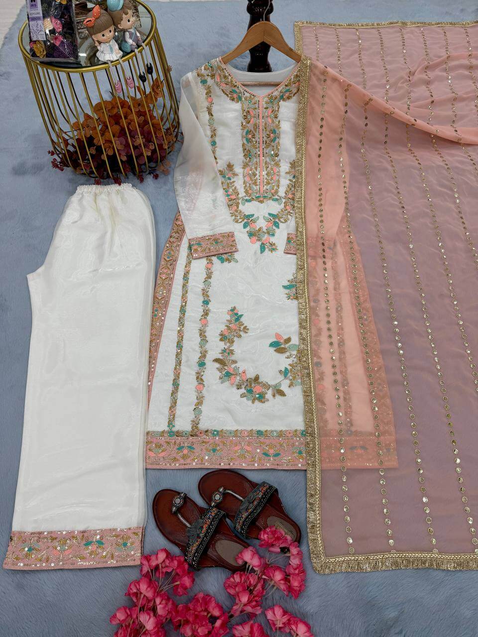 Embroidered GMY Silk Palazzo Suit Set Top-Bottom And Dupatta Set Fully Stitched Ready To Wear