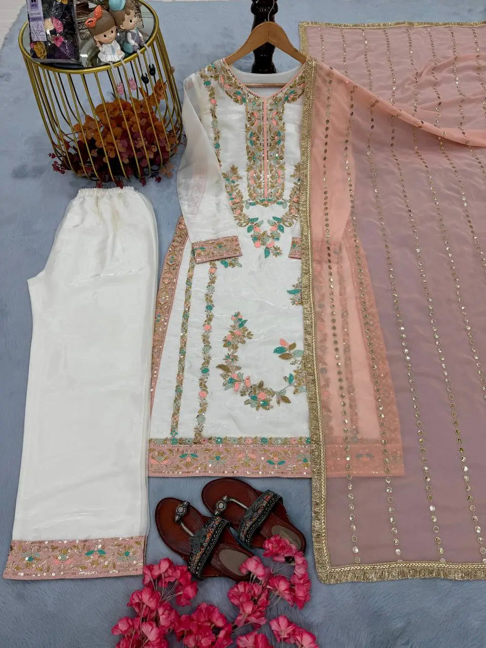 Embroidered GMY Silk Palazzo Suit Set Top-Bottom And Dupatta Set Fully Stitched Ready To Wear