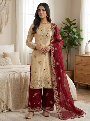Embroidered GMY Silk Palazzo Suit Set Top-Bottom And Dupatta Set Fully Stitched Ready To Wear