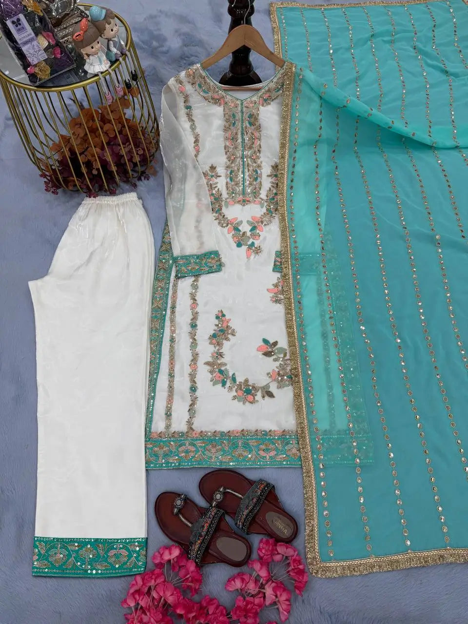 Embroidered GMY Silk Palazzo Suit Set Top-Bottom And Dupatta Set Fully Stitched Ready To Wear