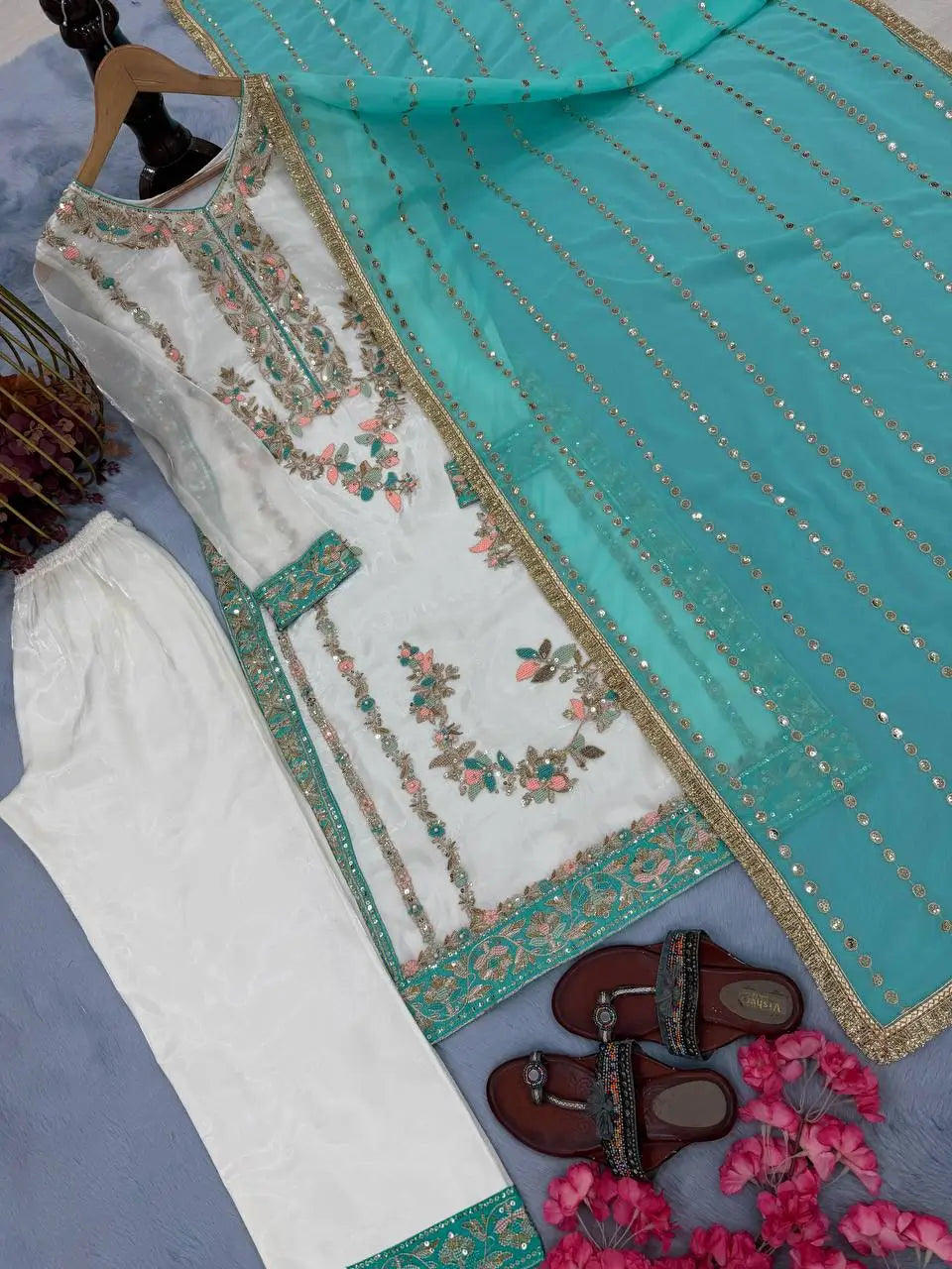 Embroidered GMY Silk Palazzo Suit Set Top-Bottom And Dupatta Set Fully Stitched Ready To Wear