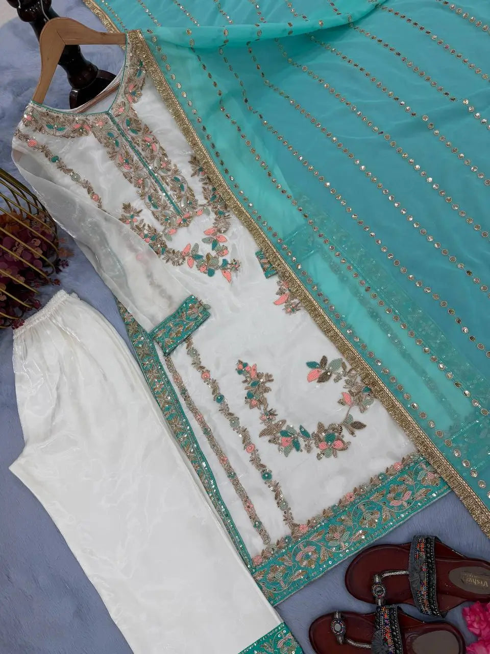 Embroidered GMY Silk Palazzo Suit Set Top-Bottom And Dupatta Set Fully Stitched Ready To Wear