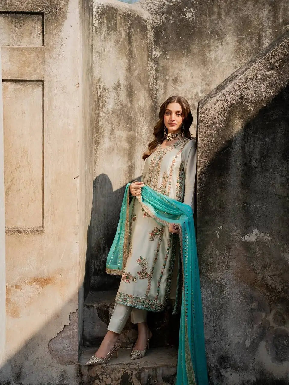 Embroidered GMY Silk Palazzo Suit Set Top-Bottom And Dupatta Set Fully Stitched Ready To Wear