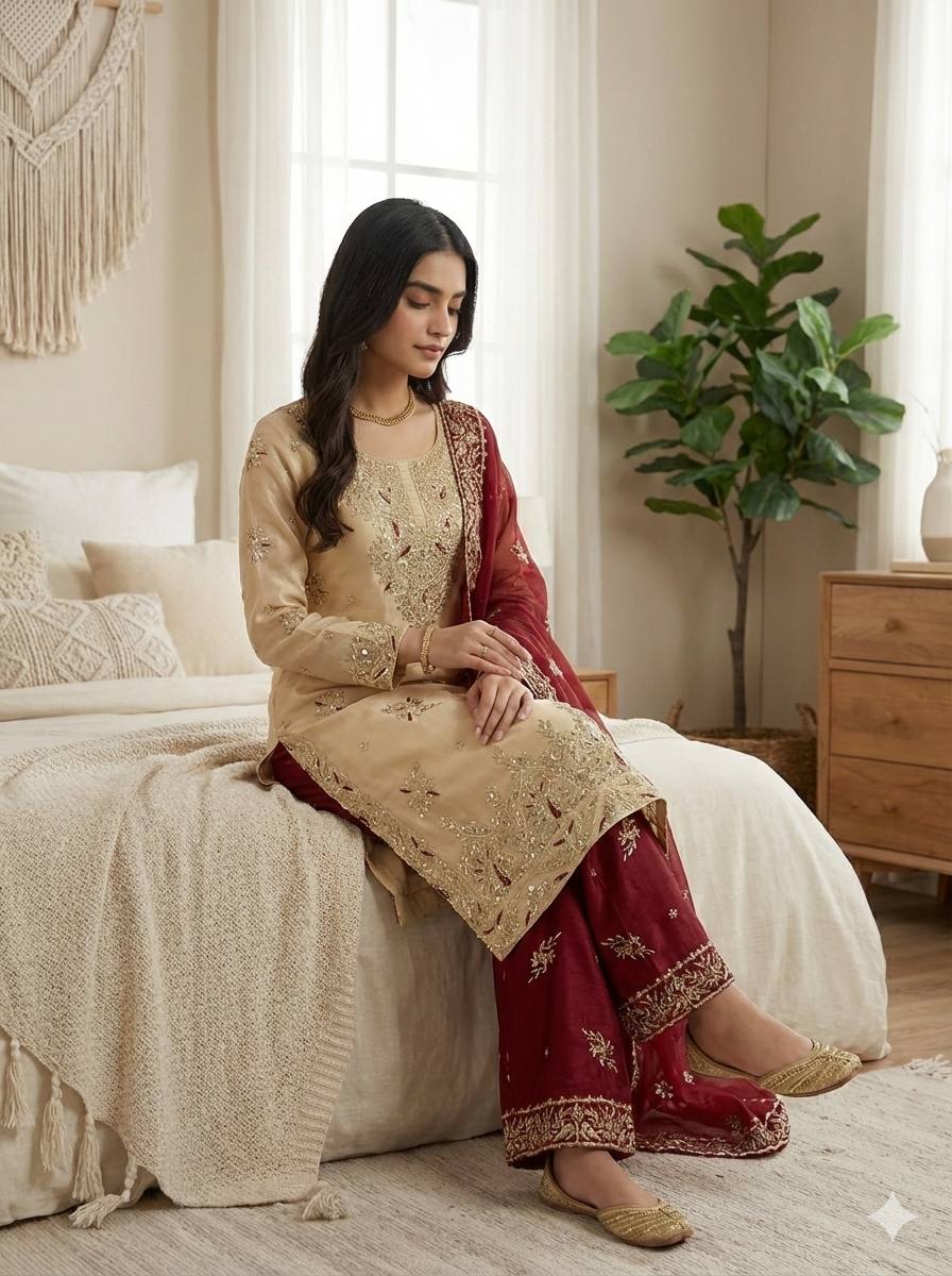 Embroidered GMY Silk Palazzo Suit Set Top-Bottom And Dupatta Set Fully Stitched Ready To Wear