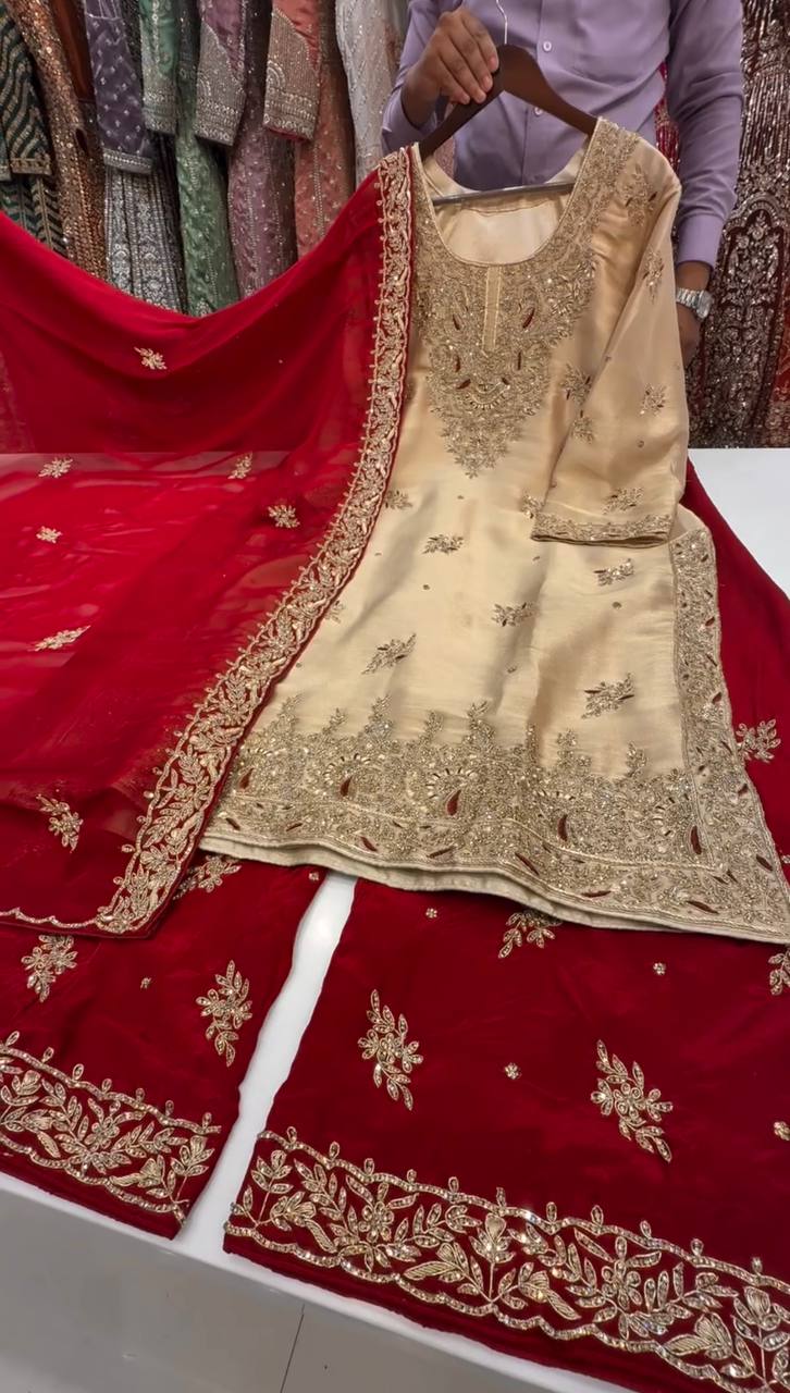 Embroidered GMY Silk Palazzo Suit Set Top-Bottom And Dupatta Set Fully Stitched Ready To Wear