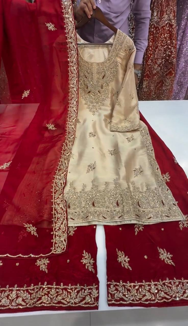 Embroidered GMY Silk Palazzo Suit Set Top-Bottom And Dupatta Set Fully Stitched Ready To Wear