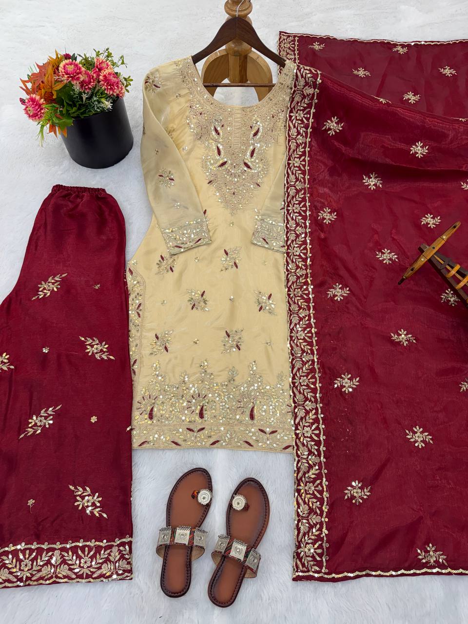 Embroidered GMY Silk Palazzo Suit Set Top-Bottom And Dupatta Set Fully Stitched Ready To Wear