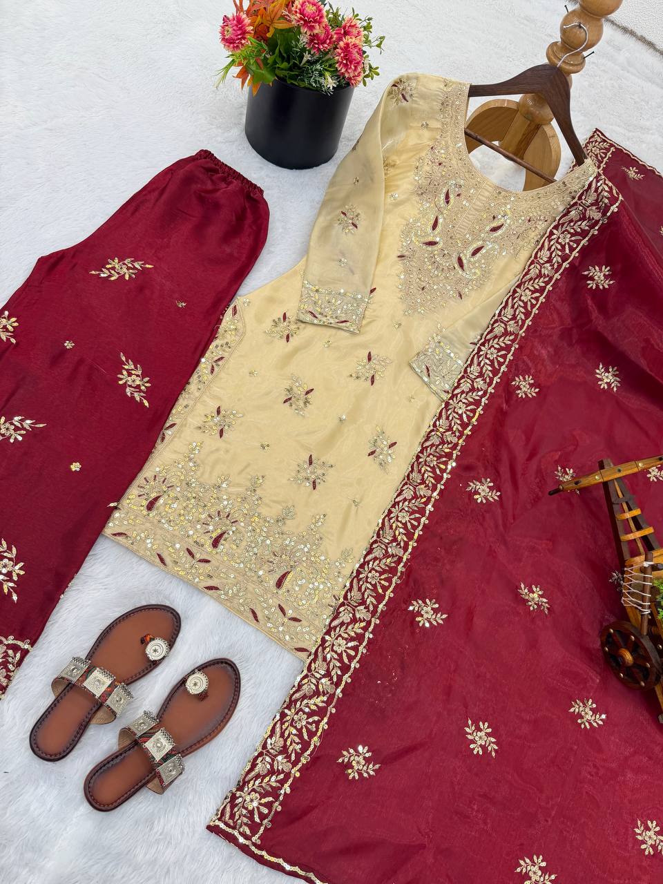 Embroidered GMY Silk Palazzo Suit Set Top-Bottom And Dupatta Set Fully Stitched Ready To Wear