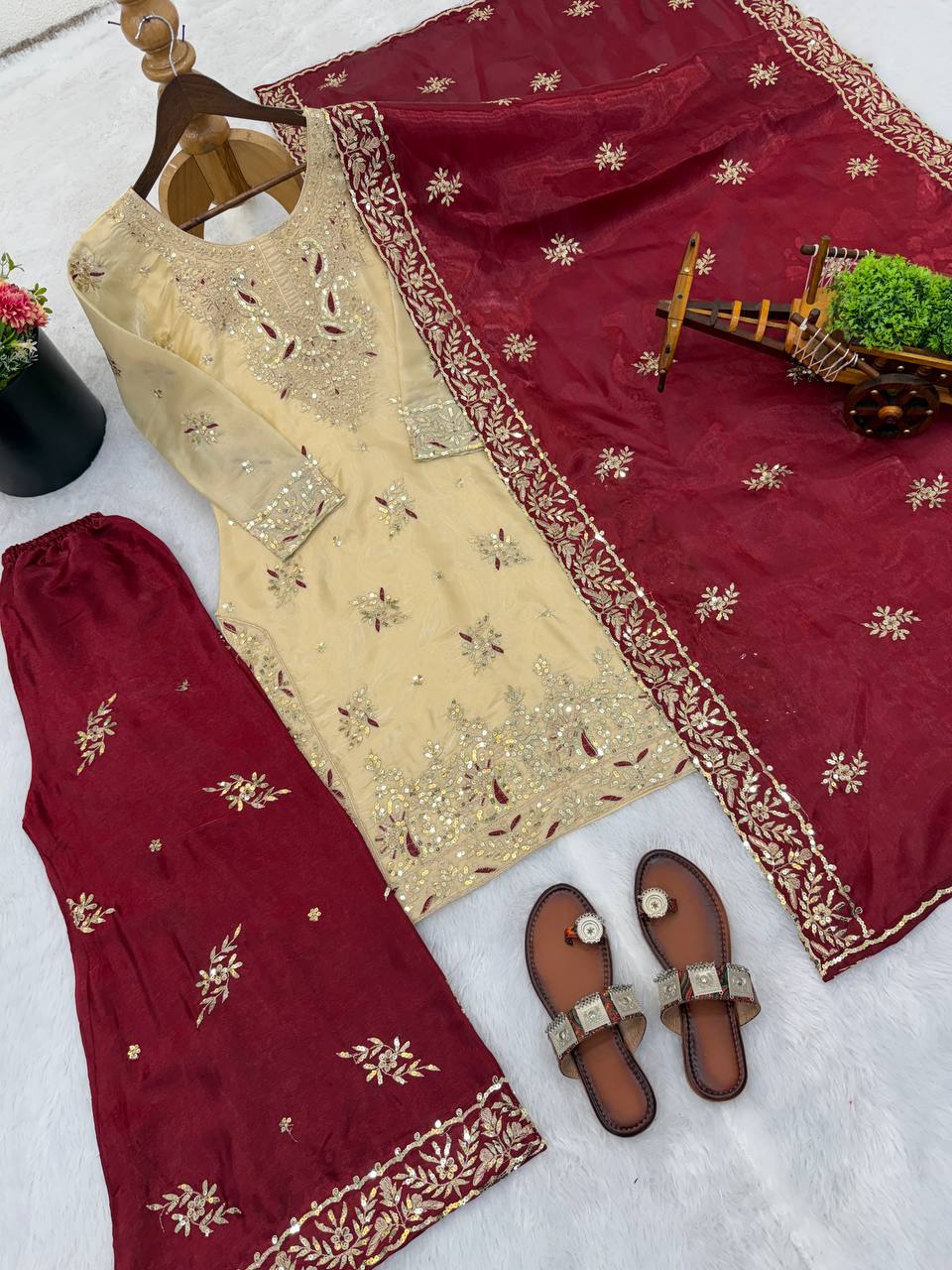 Embroidered GMY Silk Palazzo Suit Set Top-Bottom And Dupatta Set Fully Stitched Ready To Wear