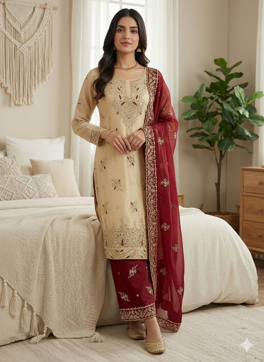 Embroidered GMY Silk Palazzo Suit Set Top-Bottom And Dupatta Set Fully Stitched Ready To Wear
