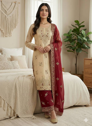 Embroidered GMY Silk Palazzo Suit Set Top-Bottom And Dupatta Set Fully Stitched Ready To Wear