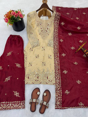 Embroidered GMY Silk Palazzo Suit Set Top-Bottom And Dupatta Set Fully Stitched Ready To Wear
