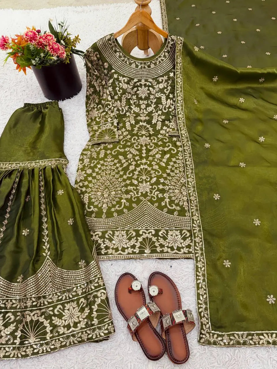 Embroidered GMY Silk Sharara Palazzo Set with Dupatta
