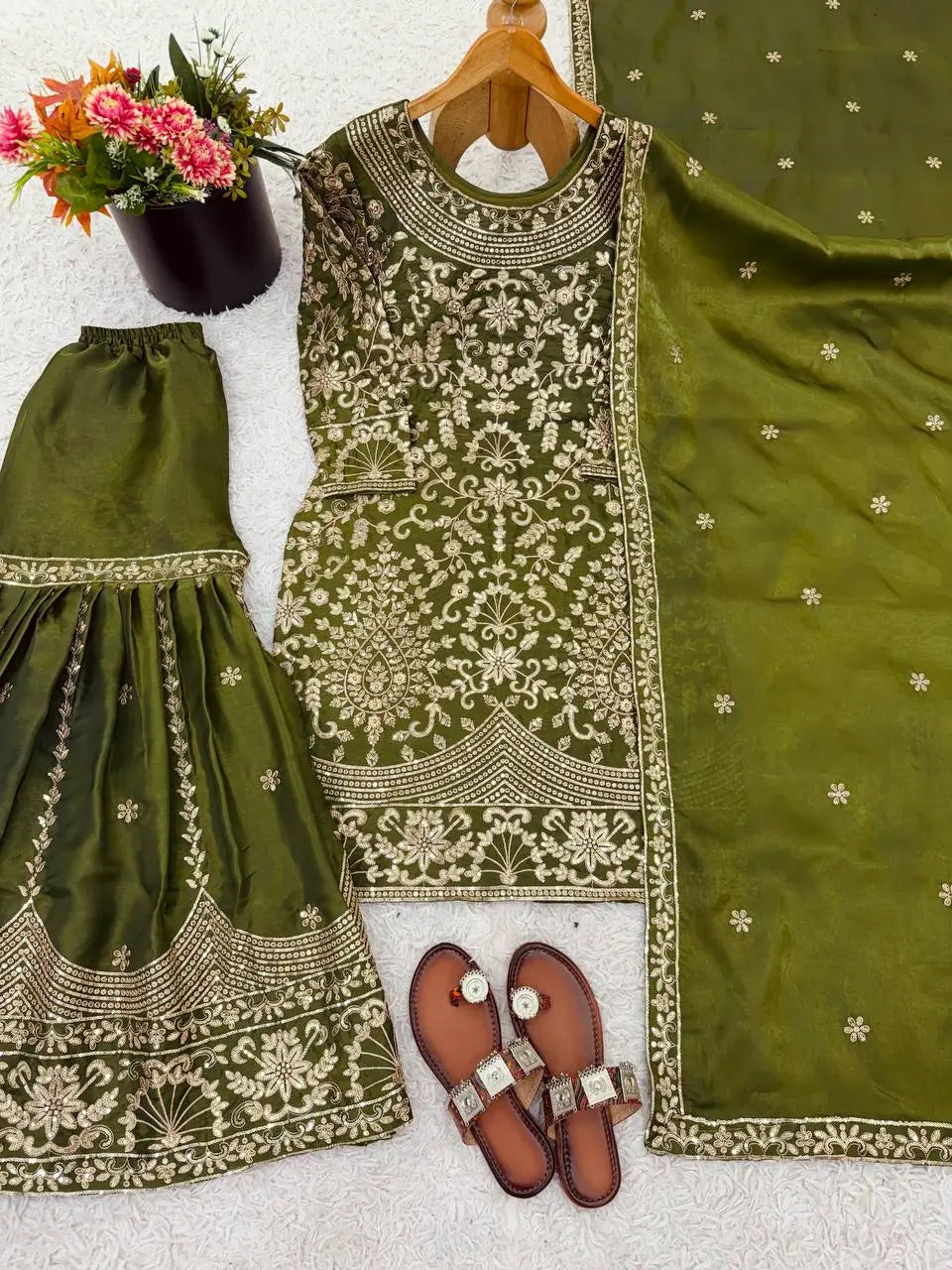 Embroidered GMY Silk Sharara Palazzo Set with Dupatta