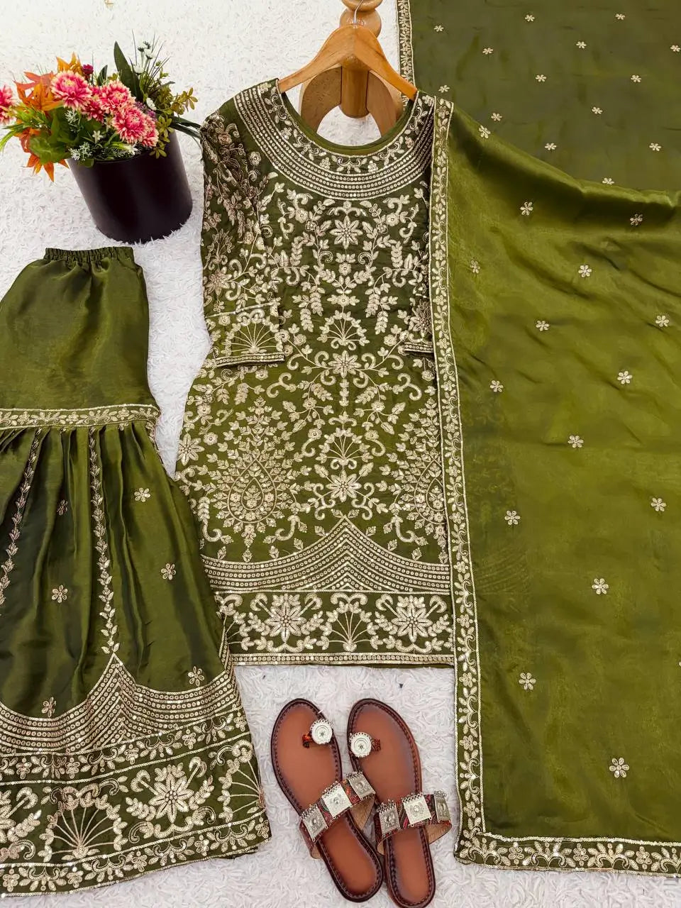 Embroidered GMY Silk Sharara Palazzo Set with Dupatta